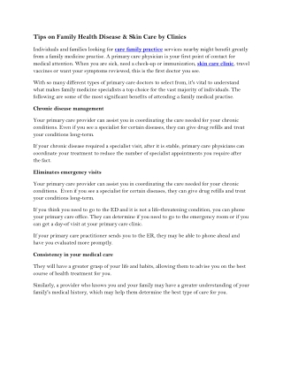 Tips on Family Health Disease & Skin Care by Clinics