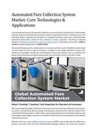 Automated Fare Collection System Market: Core Technologies & Applications