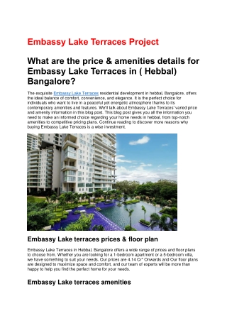 What are the price & amenities details for Embassy Lake Terraces in ( Hebbal)?