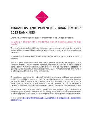 CHAMBERS AND PARTNERS - BRANDSMITHS' 2023 RANKINGS