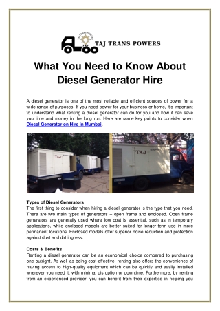 What You Need to Know About Diesel Generator Hire