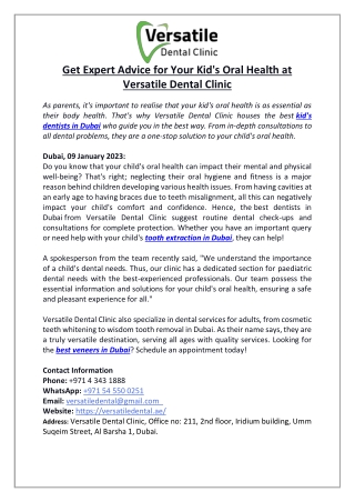 Get Expert Advice for Your Kid's Oral Health at Versatile Dental Clinic