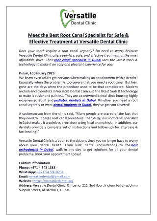 Meet the Best Root Canal Specialist for Safe & Effective Treatment at Versatile