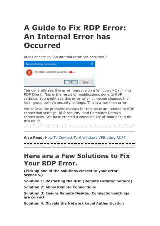 A Guide to Fix RDP Error - An Internal Error has Occurred