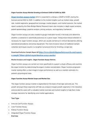 Organ Function Assays Market Growing at Eminent CAGR of 8.00 by 2029