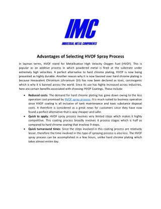 Advantages of Selecting HVOF Spray Process