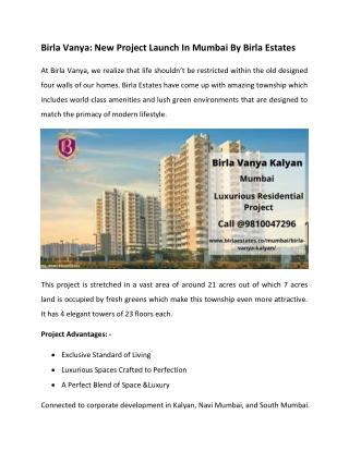 Birla Vanya Kalyan - New Project Launch In Mumbai City