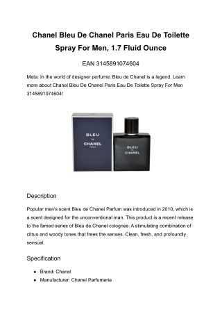 Chanel Bleu De Chanel Paris Eau De Toilette Spray For Men