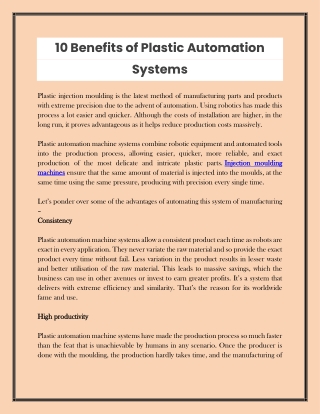 10 Benefits of Plastic Automation Systems