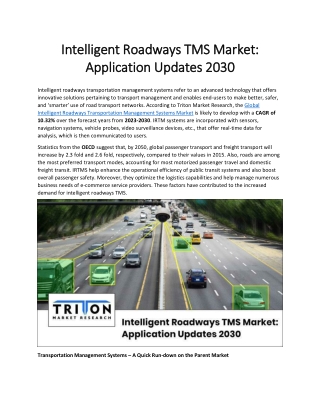 Intelligent Roadways TMS Market: Application Updates 2030