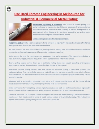 Use Hard Chrome Engineering in Melbourne for Industrial & Commercial Metal Plating