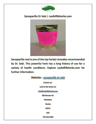 Sarsaparilla Dr Sebi | Leafoflifeherbs.com