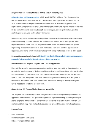 Allogenic Stem Cell Therapy Market to Hit US 2109.50 Million by 2030