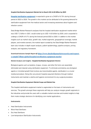Hospital Sterilization Equipment Market Set to Reach US 14.03 Billion by 2029