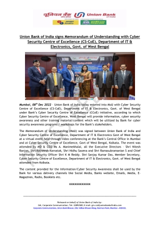 Union Bank of India signs Memorandum of Understanding with Cyber Security Centre