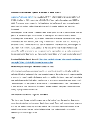 Alzheimer’s Disease Market Expected to Hit US 8.98 Billion by 2029