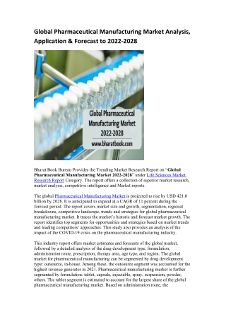 Global Pharmaceutical Manufacturing Market Analysis, Application & Forecast to 2022-2028