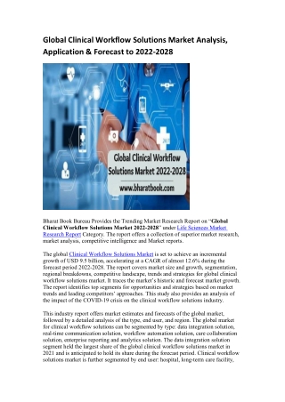 Global Clinical Workflow Solutions Market Analysis, Application & Forecast to 2022-2028