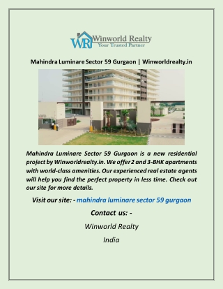 Mahindra Luminare Sector 59 Gurgaon  Winworldrealty in