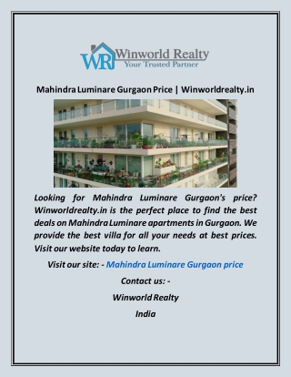 Mahindra Luminare Gurgaon Price Winworldrealty in