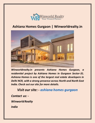 Ashiana Homes Gurgaon  Winworldrealty in