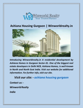 Ashiana Housing Gurgaon  Winworldrealty in