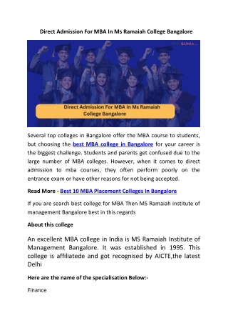 Direct Admission For MBA In Ms Ramaiah College Bangalore