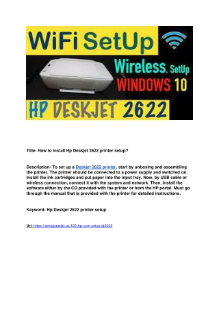 How to install Hp Deskjet 2622 printer setup?