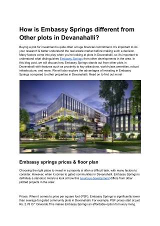 How is Embassy Springs different from Other plots in Devanahalli?