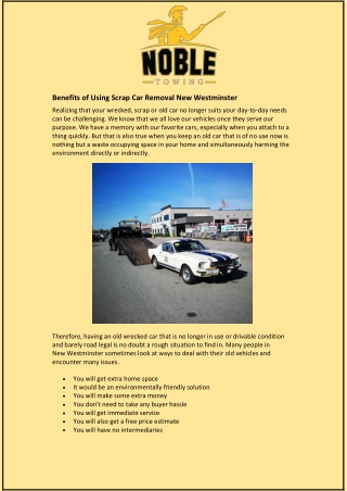 Benefits of Using Scrap Car Removal New Westminster