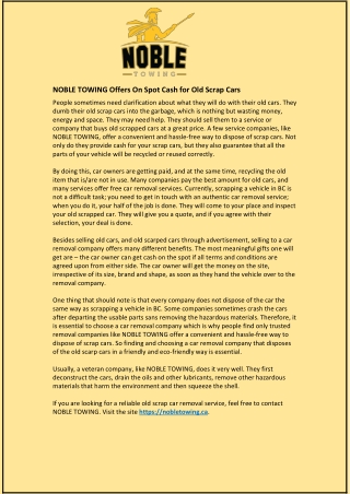 NOBLE TOWING Offers On Spot Cash for Old Scrap Cars