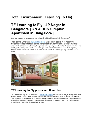 TE Learning to Fly | JP Nagar in Bangalore | 3&4 BHK Simplex Apartment Bangalore