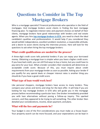 Questions to consider in the top mortgage brokers