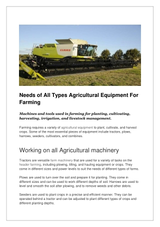 Needs of All Types Agricultural Equipment For Farming