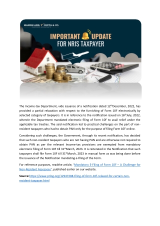 E-Filing of Form 10F relaxed for certain Non- Resident Taxpayer