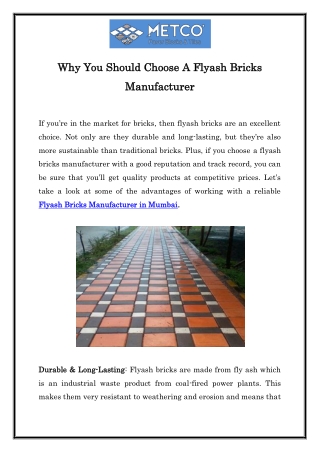 Why You Should Choose a Flyash Bricks Manufacturer