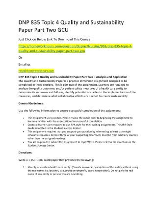 DNP 835 Topic 4 Quality and Sustainability Paper Part Two GCU