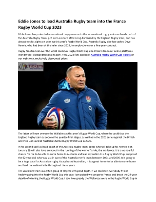Eddie Jones to lead Australia Rugby team into the France Rugby World Cup 2023