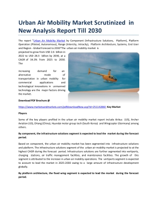 Urban Air Mobility Market Scrutinized in The New Analysis Report till 2030