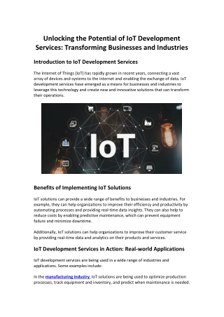 Unlocking the Potential of IoT Development Services Transforming Businesses and Industries