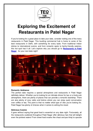 Exploring the Excitement of Restaurants in Patel Nagar