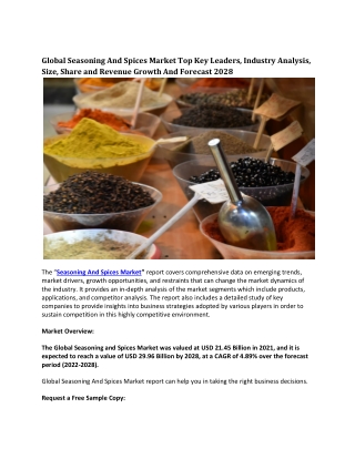 Global Seasoning And Spices Industry Top Key Leaders,  Analysis, Size, Share.