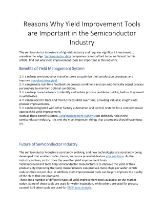 Reasons Why Yield Improvement Tools are Important in the Semiconductor Industry