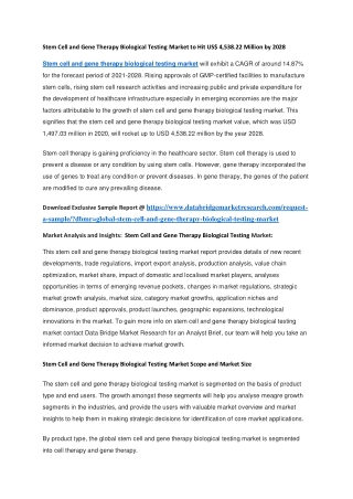 Stem Cell and Gene Therapy Biological Testing Market to Hit US 4,538.22 Million by 2028