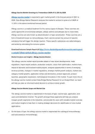Allergy Vaccine Market Growing at a Tremendous CAGR of 11.32 by 2028