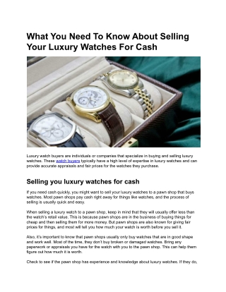 What You Need To Know About Selling Your Luxury Watches For Cash