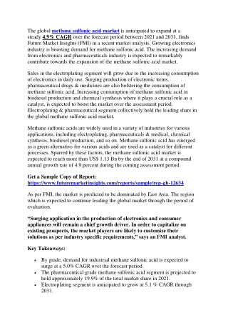 Methane Sulfonic Acid Market Size Predictions : US$ 1.13 billion by 2031