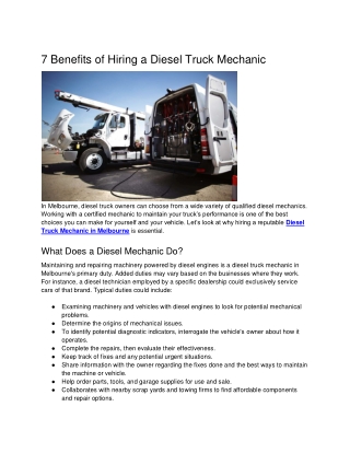 7 Benefits of Hiring a Diesel Truck Mechanic