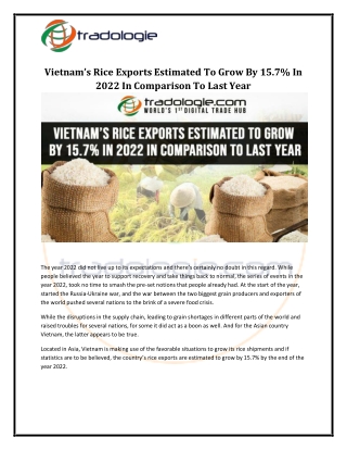 Vietnam’s Rice Exports Estimated To Grow By 15.7 In 2022 In Comparison To Last Year