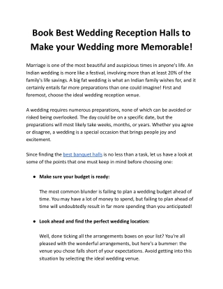 Book Best Wedding Reception Halls to Make your Wedding more Memorable